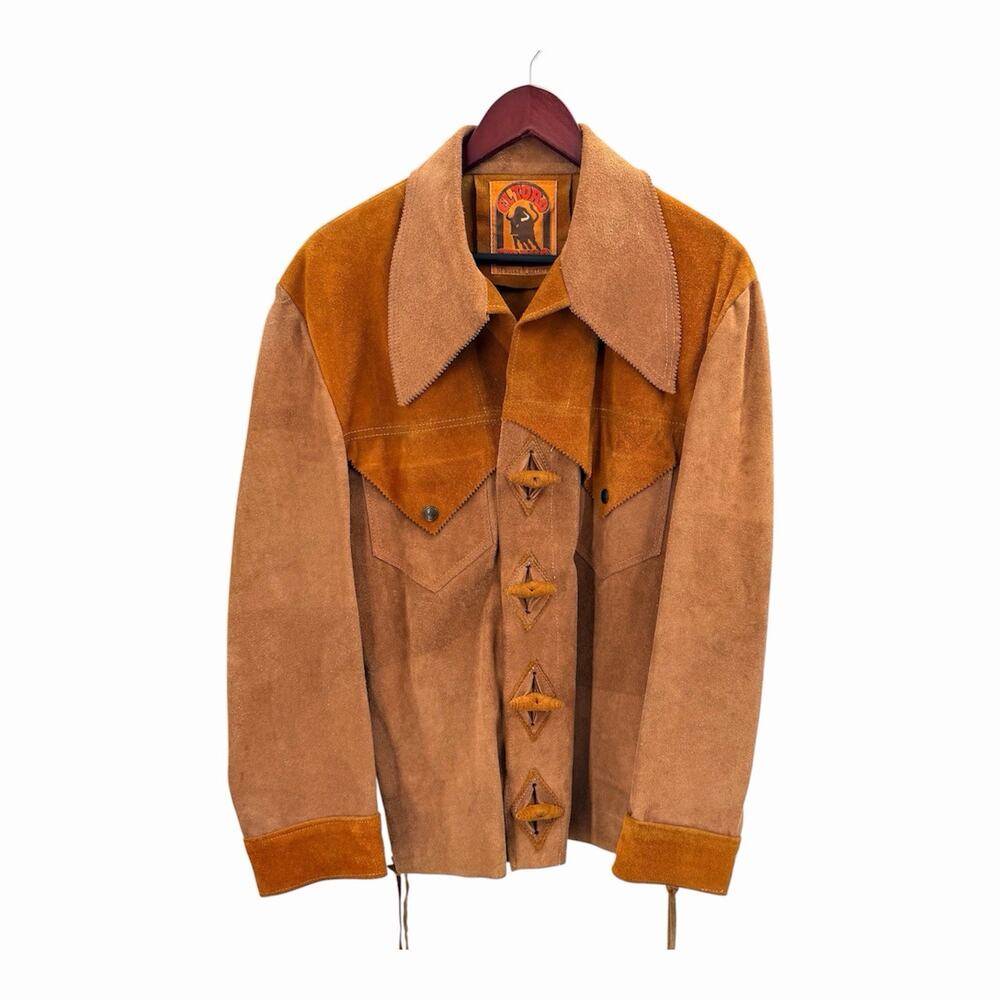 Vintage 1970s El Toro Bravo Suede Rawhide Leather Western Hippie Jacket Mens 42